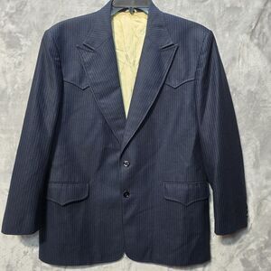 Vtg Lasso Western Suit Jacket Mens 46 Navy Silver Pin Stripe Blazer Sport Coat